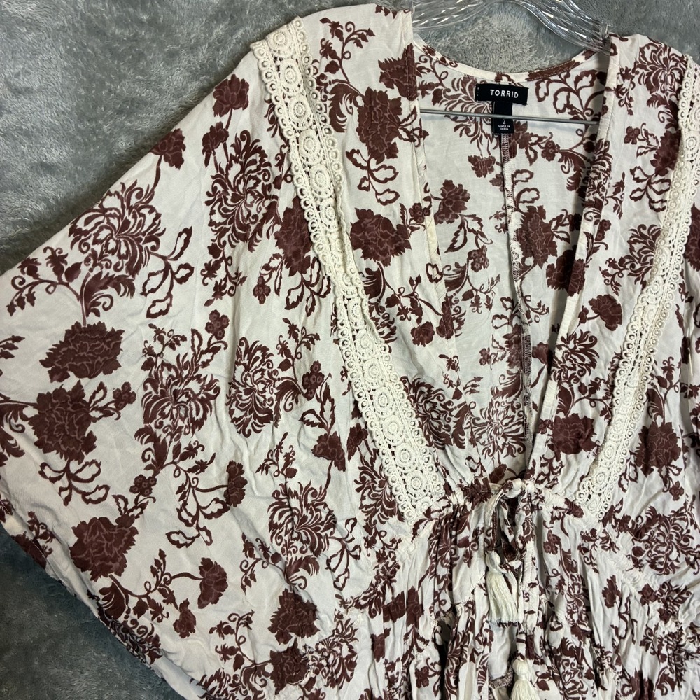 Torrid Womens Floral Lace Trim Tie Waist Kimono 2X Boho Chic Cottagecore Earthy